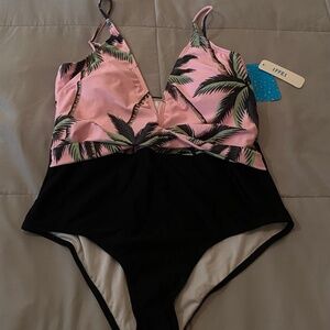 Iffei Women's One Piece Swimsuit Size XL Pink Black Palm Print Removable Pads